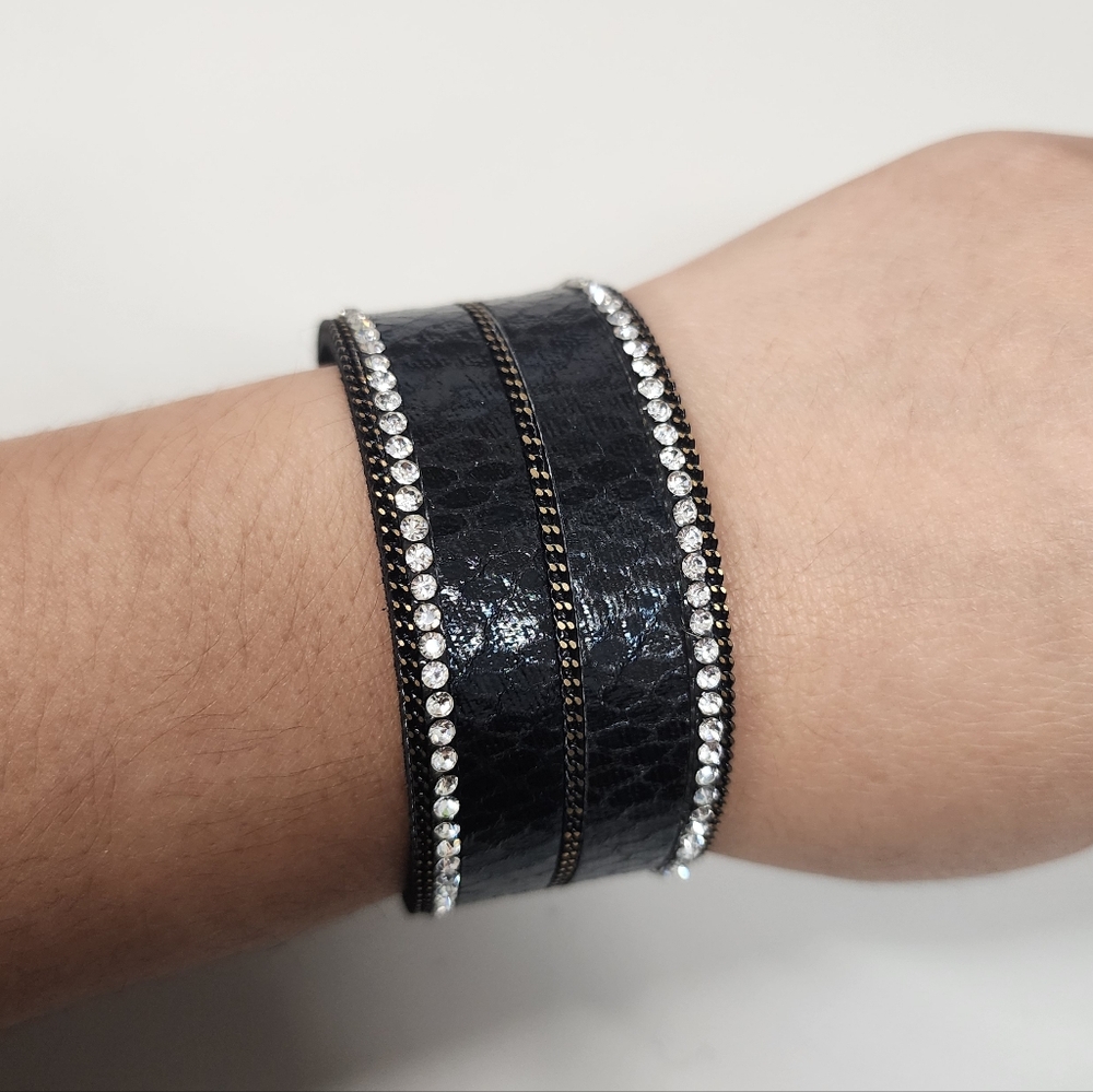 Black Faux Leather Snake Print and Silver Magnetic Cuff Bracelet Rhinestone